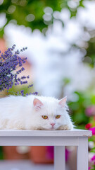 Kot perski leży na stoliku.