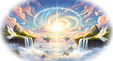 Naklejka premium Serene landscape with waterfalls, clouds, and birds, surrounded by a radiant rainbow and mystical aura, viewed from a distant perspective, whisk_23hqzf_via_RJ_Whisk_Auto.jpg illustration