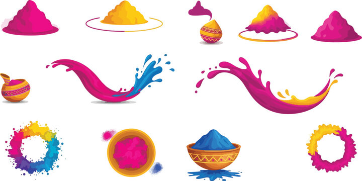 Colorful Holi Festival Elements with Powder Splashes and Paint Bowls for Spring Celebration