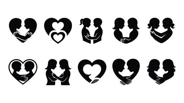 Black silhouette bundle of loving couples embracing in heart shapes for love and relationship concepts