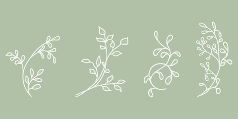 Spring twigs with petals and leaves. Vector illustration. Set of summer plants for frames and wreaths, hand drawn, isolated on a green background. Summer and meadow, garden and Easter themes. © Elena