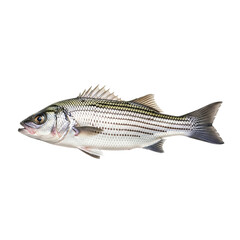 A striped bass fish swimming in the water with a black background