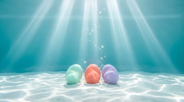 Vibrant easter eggs underwater with sunlight shining through turquoise ocean water and ripples on sandy sea floor