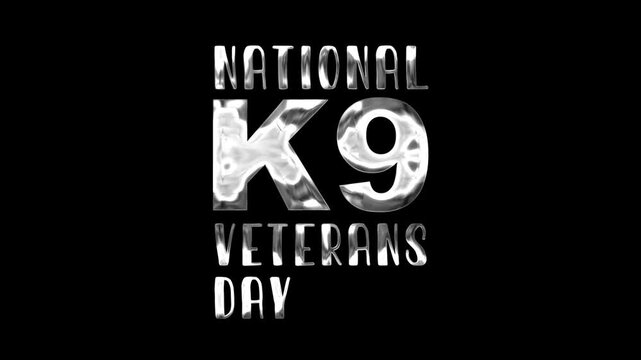 National k9 veterans day text animation in silver. Suitable for honoring and celebrating the service of military working dogs.