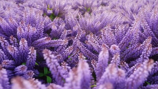 Smooth aerial flight over dew-covered lilac blossoms on a soft pastel background, dreamy and nostalgic atmosphere for vintage and poetic concepts