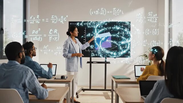 Asian female teacher in a modern classroom points at a digital screen displaying complex mathematical equations, engaging students, promoting education and learning, against a bright, clean,