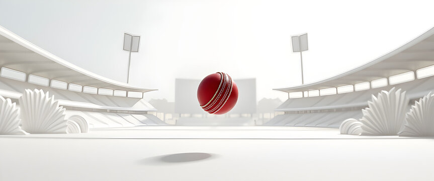 Modern White Cricket Stadium with Floating Red Ball and Symmetrical Stands