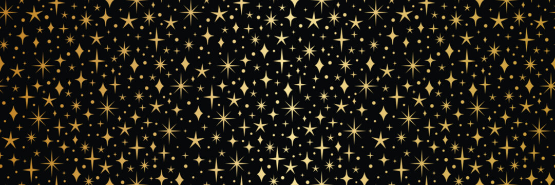Black and gold sparkling stars seamless vector pattern background banner
