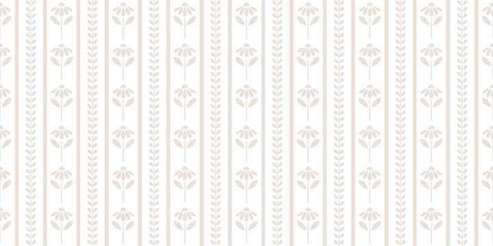 Farmhouse floral warm neural beige vertical floral daisy stripes elegant sophisticated vector pattern background