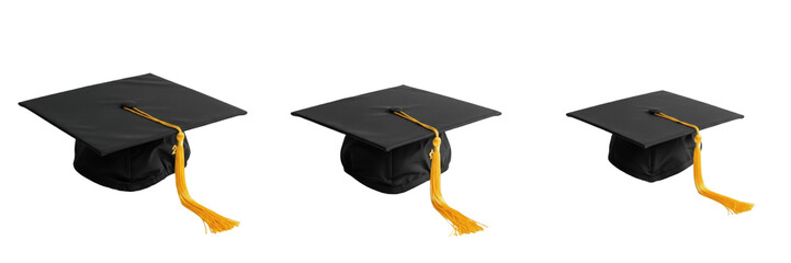 Set of Graduation Caps with Yellow Tassels - Realistic Academic Hats with Transparent Background PNG