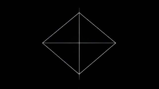 Minimalist white diamond wireframe shape on a black background with geometric lines.