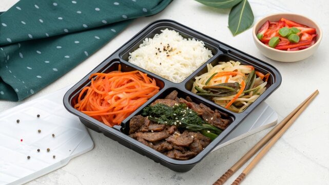 Prepare a korean dosirak lunch box featuring bulgogi beef kimchi seaweed rice and japchae noodles in a minimalist style
