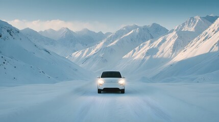 Naklejka premium Journey through the Frozen Majesty: A lone vehicle navigates a snow-covered road, framed by towering, snow-capped mountains, conveying a sense of adventure and the raw beauty of the winter landscape.