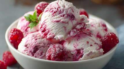 Close-up of raspberry ripple ice cream in a white bowl with fresh berries
