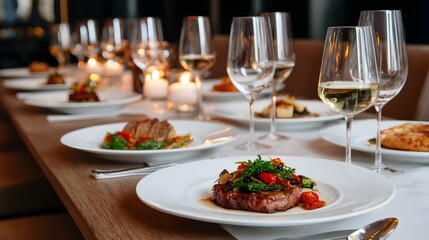 Gourmet Dining: Capturing the elegance of a fine dining experience, this image showcases a beautifully arranged table setting with exquisite dishes, crystal glassware, and flickering candles.
