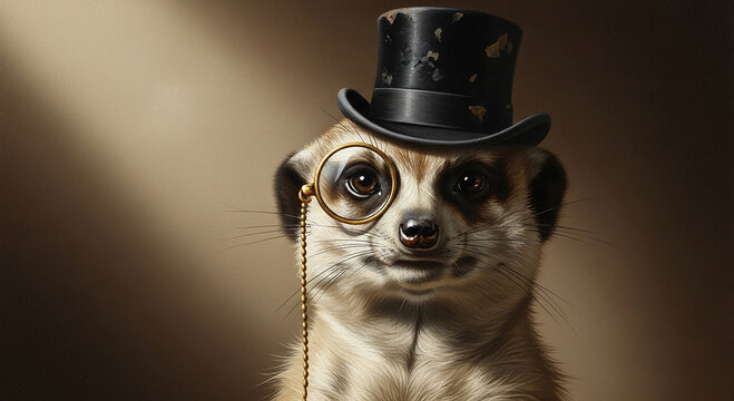 A meerkat in a top hat and monocle looks around