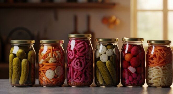 Array of colorful pickled vegetables in glass jars on a countertop