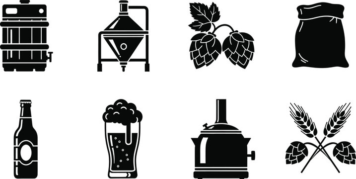 Beer brewery icon set with hops grains and brewing equipment illustrations