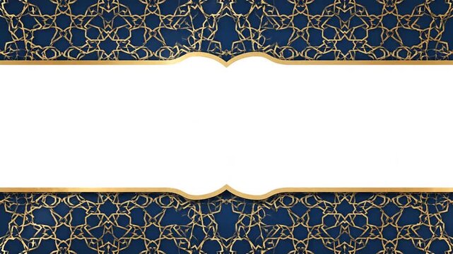 Elegant Dark Blue and Gold Oriental Geometric Pattern Banner with White Frame for Text Space, a Luxurious Digital Background Template