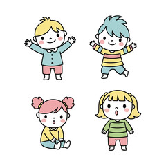 Cute Diverse Kids Characters Set, Cheerful Children, Cartoon Style, Isolated on White