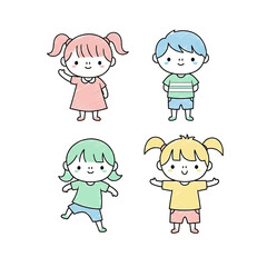 Cute Diverse Kids Waving and Smiling, Cartoon Style