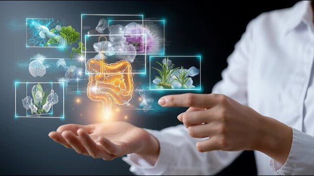 Hand presenting glowing digestive system with plant elements and virtual images depicting health and wellness concepts