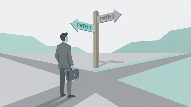 Businessman at a crossroads with signs for Path 1 and Path 2, representing decision making