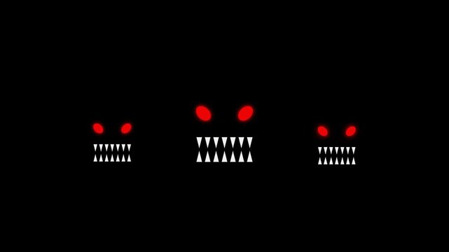 Scary monster faces with red glowing eyes and sharp white teeth