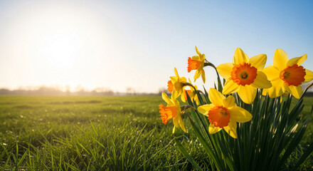 Image of yellow daffodil with orange center, in a field, with clear blue sky and sunlight, representing spring, new beginning, nature's beauty © PhotoArtHub