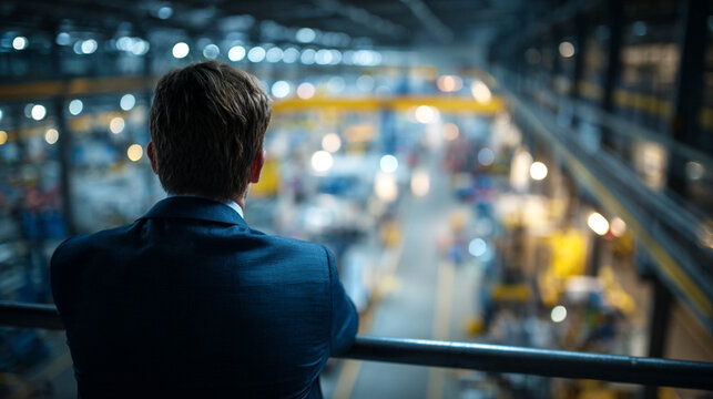 Corporate Manager Overlooking Industrial Factory Floor from Balcony, Strategic Asset Management and Manufacturing Leadership Concept