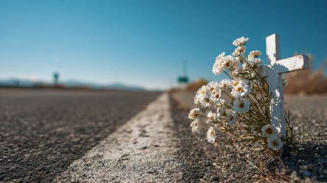 Roadside Memorial Cross with Flowers on Highway Shoulder under Blue Sky