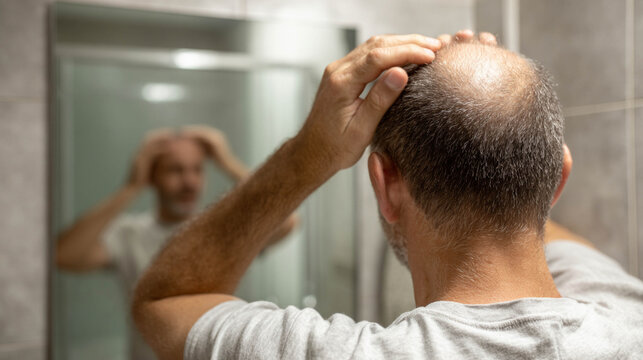 Middle-aged man examining hair loss and balding crown in bathroom mirror