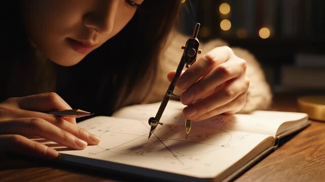 Close-up of a young Asian woman meticulously working on a geometry problem with a compass and pen, illuminated by warm, soft light, creating a focused and studious ambiance, amidst a cozy st