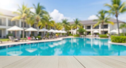 Fototapeta premium Blurred resort scene with pool, palms, parasols, and wooden foreground