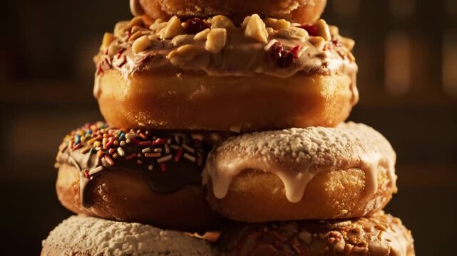 A close-up shot of a tall, delicious stack of assorted donuts with various toppings and glazes, presented against a dark, blurred background.