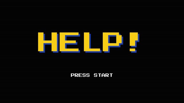 Retro 8-bit pixel art HELP text and press start animation. 4K Video