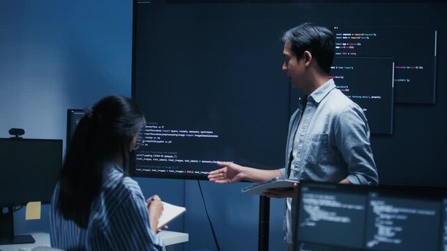 Asian male software engineer presenting source code on large screens in a modern tech office, explaining solutions in a team meeting. Concept for coding, code review, agile workflow.
