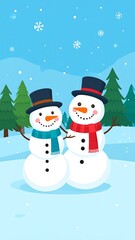 Obraz premium Two cheerful snowmen in a snowy landscape with trees