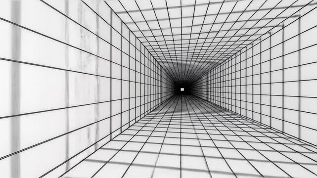 Abstract digital tunnel with grid pattern, infinite perspective, black and white, futuristic