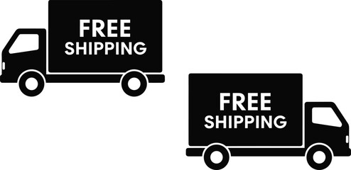 Black silhouette delivery trucks with bold FREE SHIPPING text, promotional e‑commerce icon design for logistics, courier service, online shopping, fast transport, and marketing campaign visuals