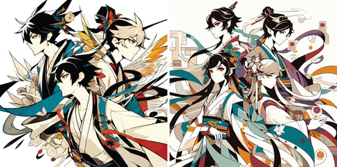 Obraz premium Contemporary Anime Vector Art set Japanese Touch on white background