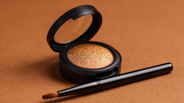 Professional makeup product shot of a sparkling brown cosmetic powder