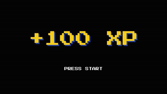 Retro 8-Bit Pixel Art Game Level Up Screen with +100 XP Text