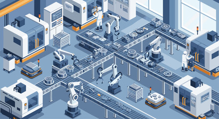 Obraz premium Isometric automated factory floor with robotic arms, conveyor belts, workers, and machinery assembling products.