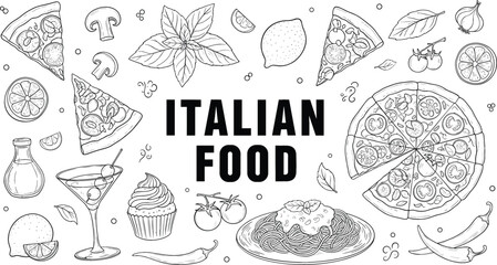 Italian food hand drawn set with pizza, pasta, ingredients, and lettering typography, vintage doodle style black and white vector illustration © Jahangir