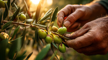 Fototapeta premium Farmer picking fresh green olives from a branch in the sun