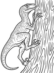 Velociraptor dinosaur climbing tree scratching coloring page