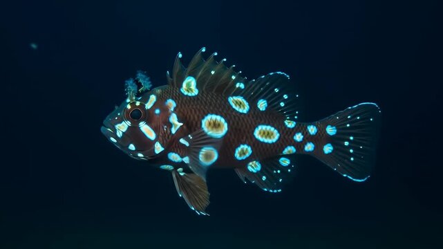 Spotted fish swims alone in the deep, dark ocean