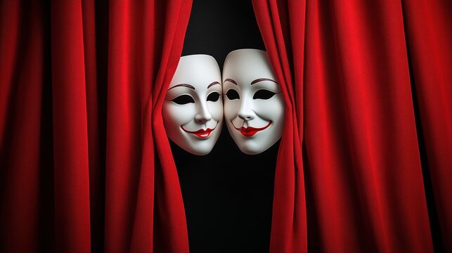 Theatrical comedy masks between red stage curtains on dark background. Classic theater concept, dramatic performance, acting, culture and entertainment banner