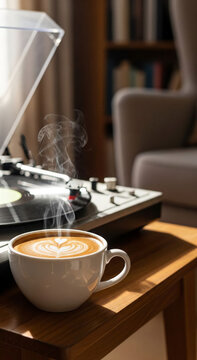Coffee cup with latte art next to vintage turntable on table  